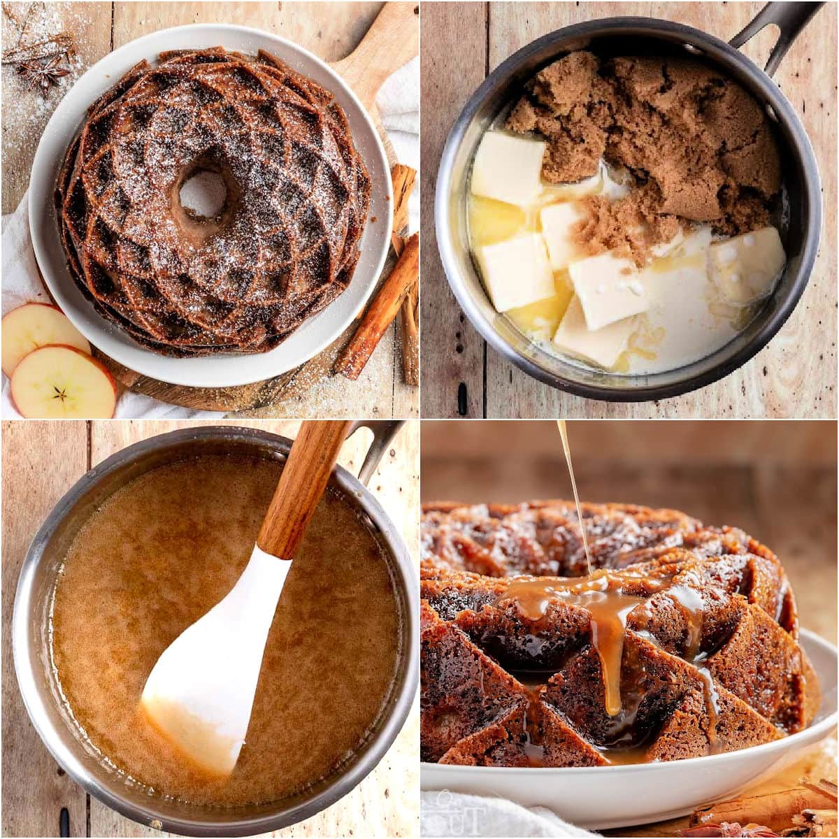 Four image collage showing how to make a caramel glaze for the apple cake.