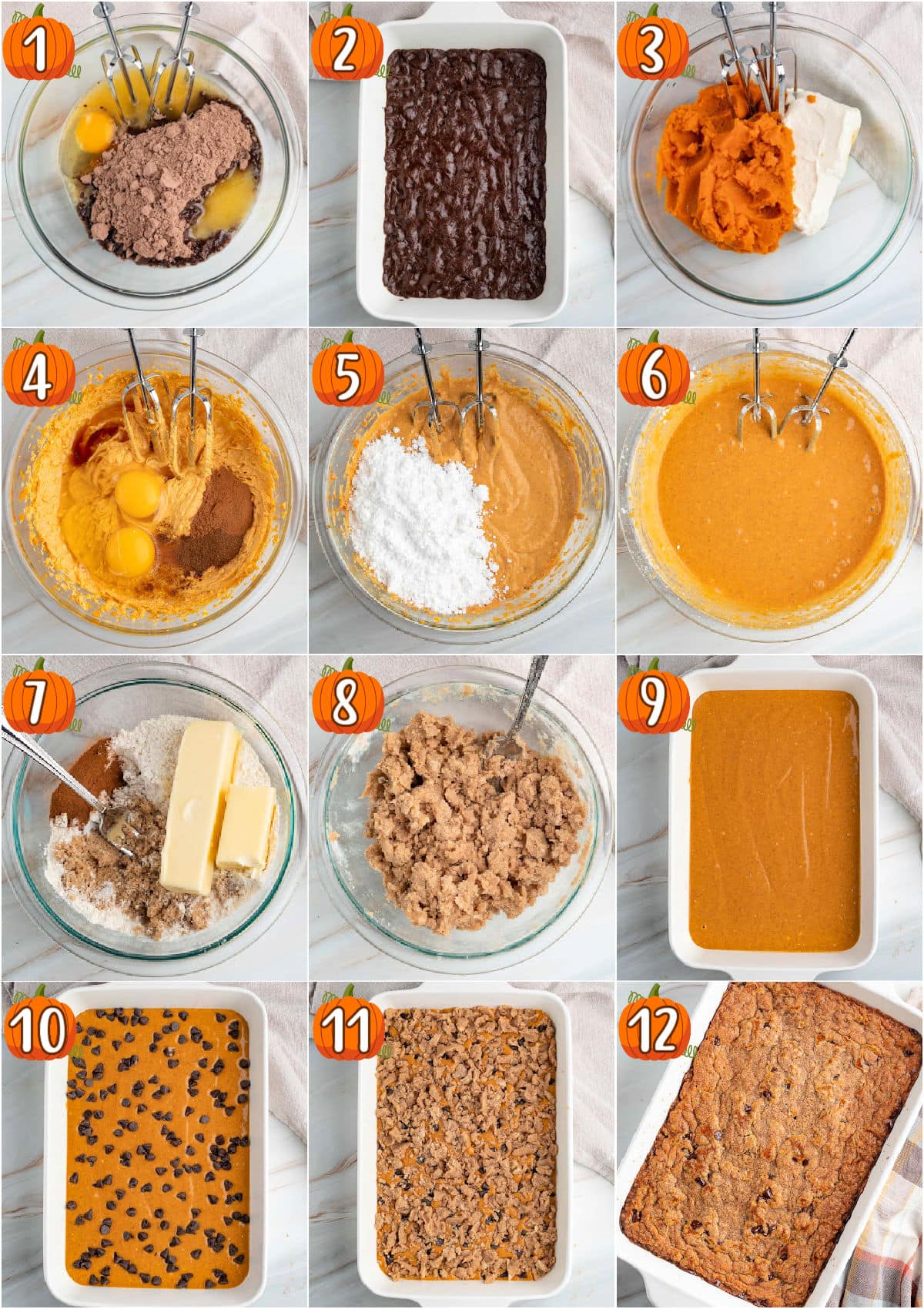 A 12 image collage that shows the process shots for making chocolate pumpkin bars.