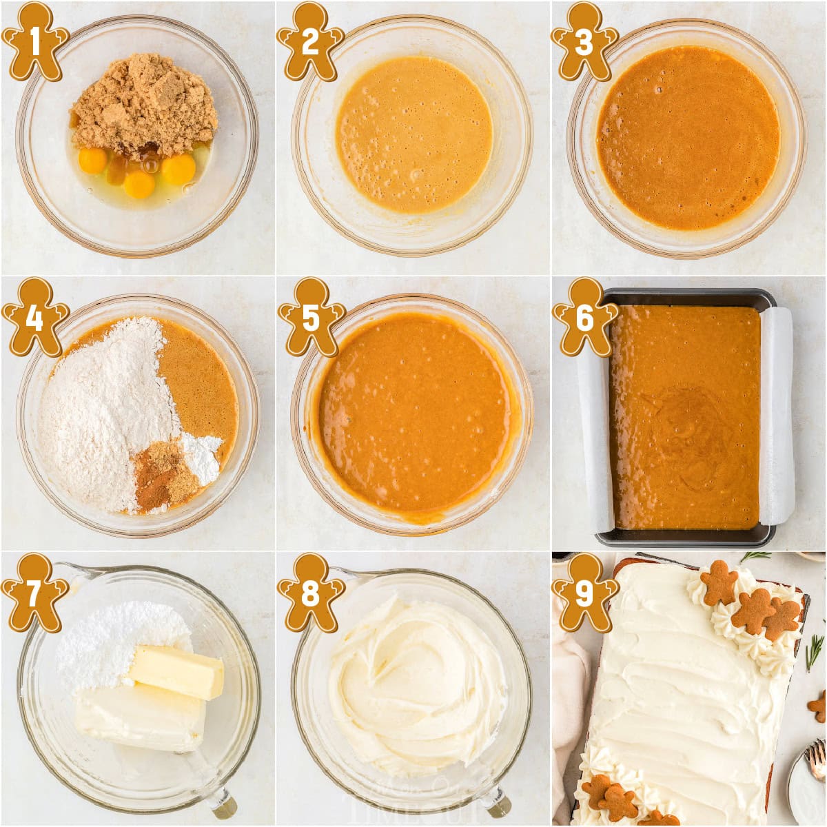 A 9 image collage that shows pictures of the steps for making gingerbread cake.