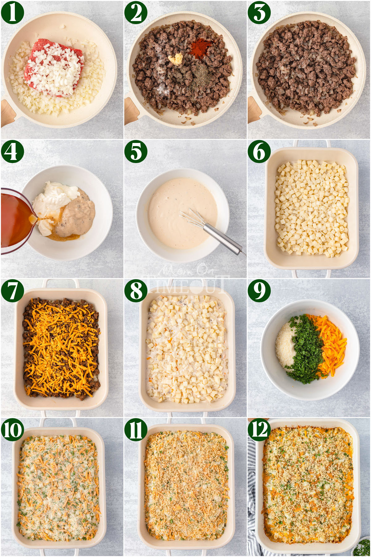 Twelve image collage showing how to make ground beef casserole step by step.