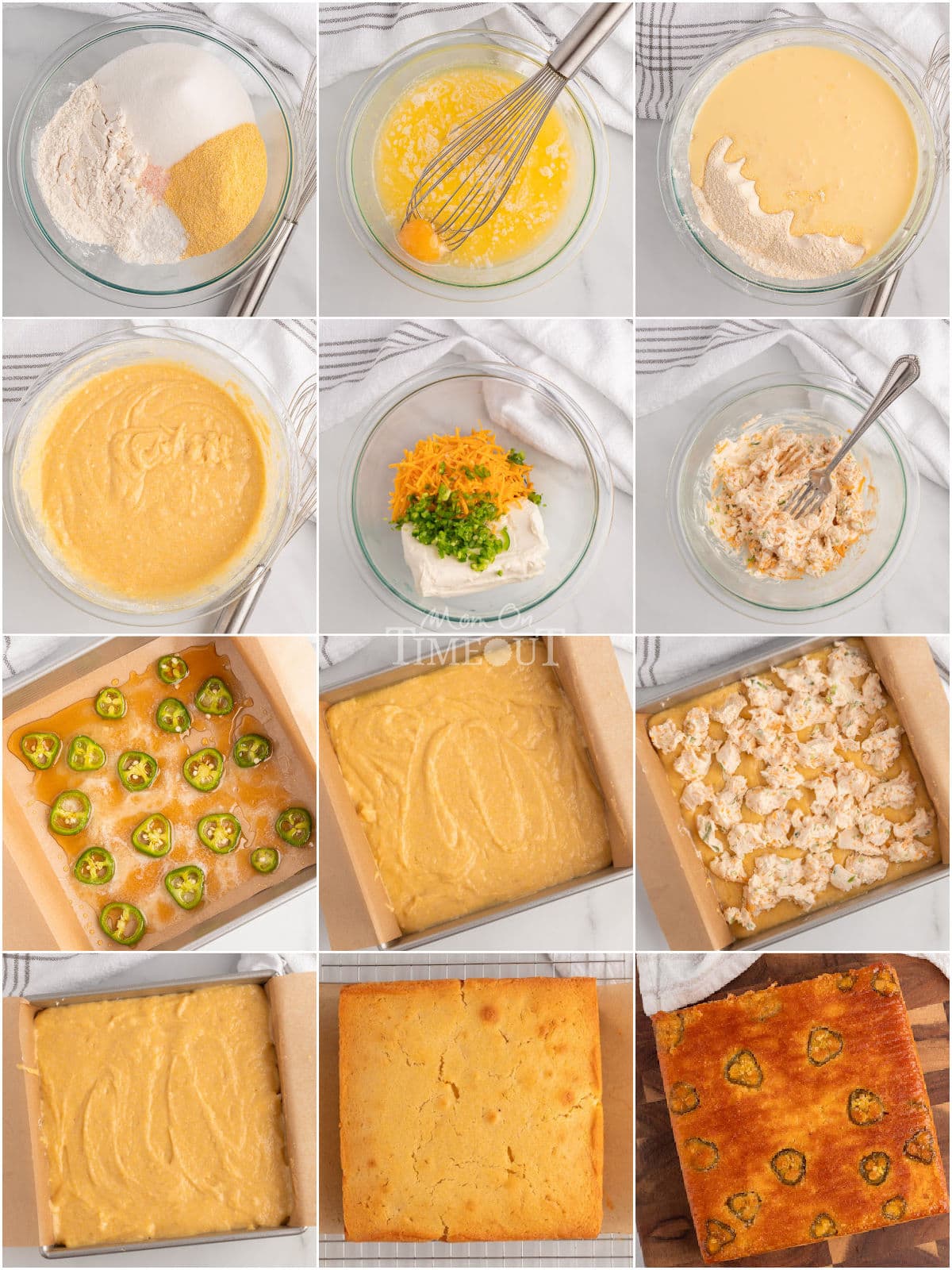 Twelve image collage showing how to make jalapeno cornbread step by step.