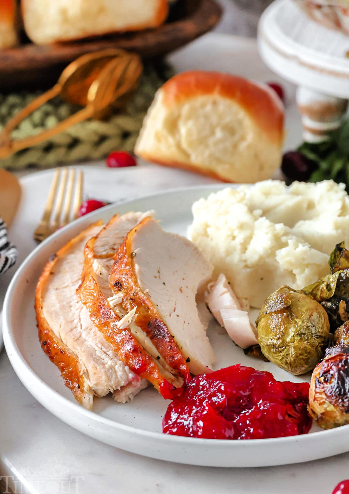 Turkey recipe plated with cranberry sauce and mashed potatoes on a round white plate.