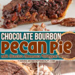 Three image collage of chocolate bourbon pecan pie. Shown as a slice on a plate, the pie in the pie plate with one slice removed and a close up showing a fork taking a bite from then end of a piece of pie. Center color block with text overlay.