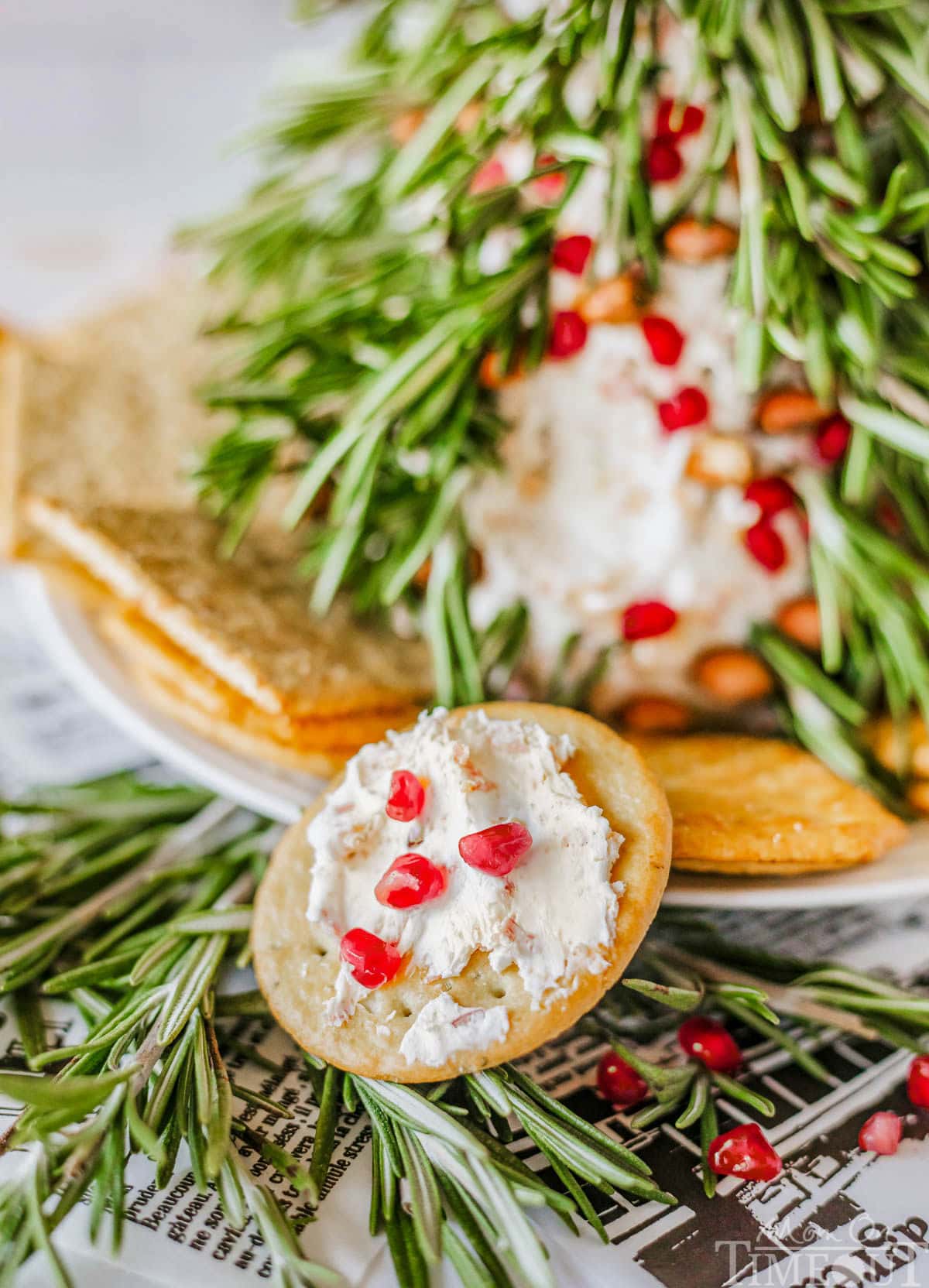 A cracker with cheese ball on it sitting next to the plate with the rest of the cheeseball and crackers.