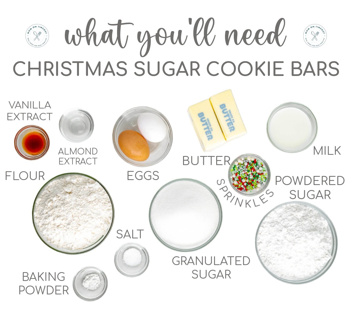 A collage of the ingredients needed to make christmas sugar cookie bars.