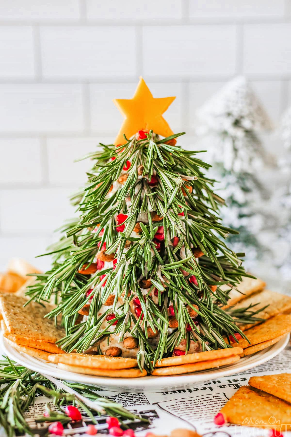 Christmas Tree Cheese Ball on a white plate with crackers surround it. Cheese ball is topped with a cheddar cheese star.