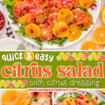 Three image collage of citrus salad on white plate topped with citrus salad dressing and pomegranates. Center color block with text overlay.