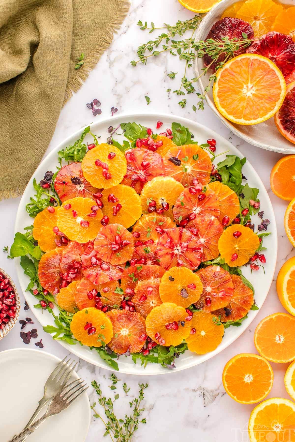 Top down view of vibrant citrus salad made with blood oranges, oranges, arugula and thyme and dressed with a citrus salad dressing.