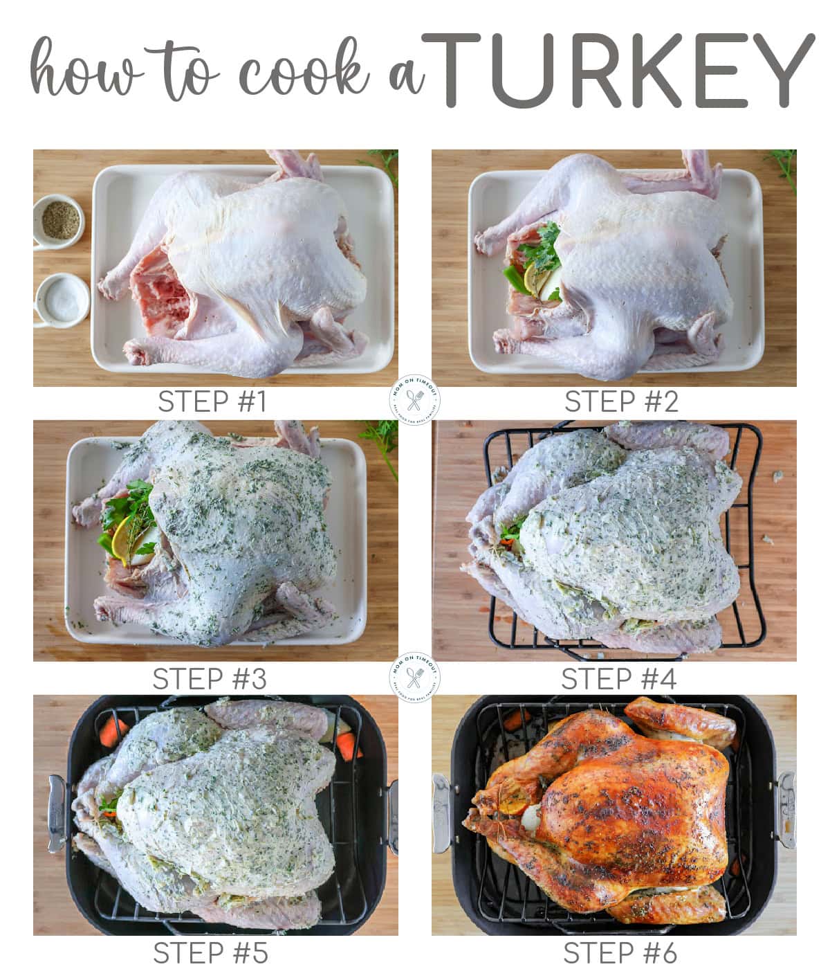 Six image collage showing how to cook a turkey with step by step process shots.