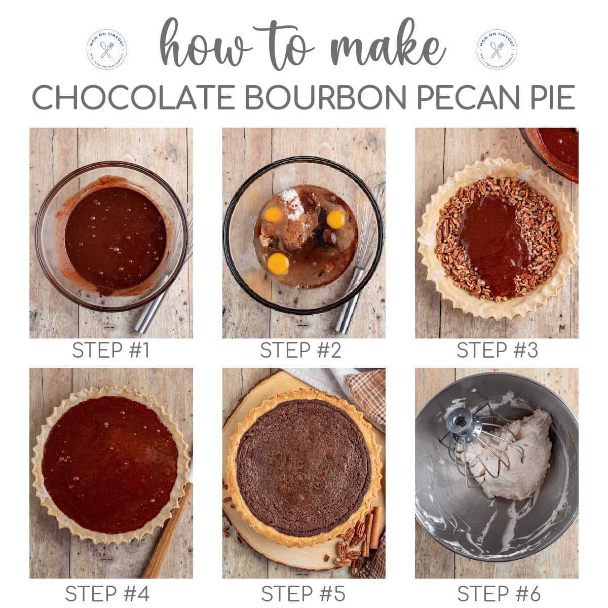 six image collage showing how to make chocolate bourbon pecan pie step by step.