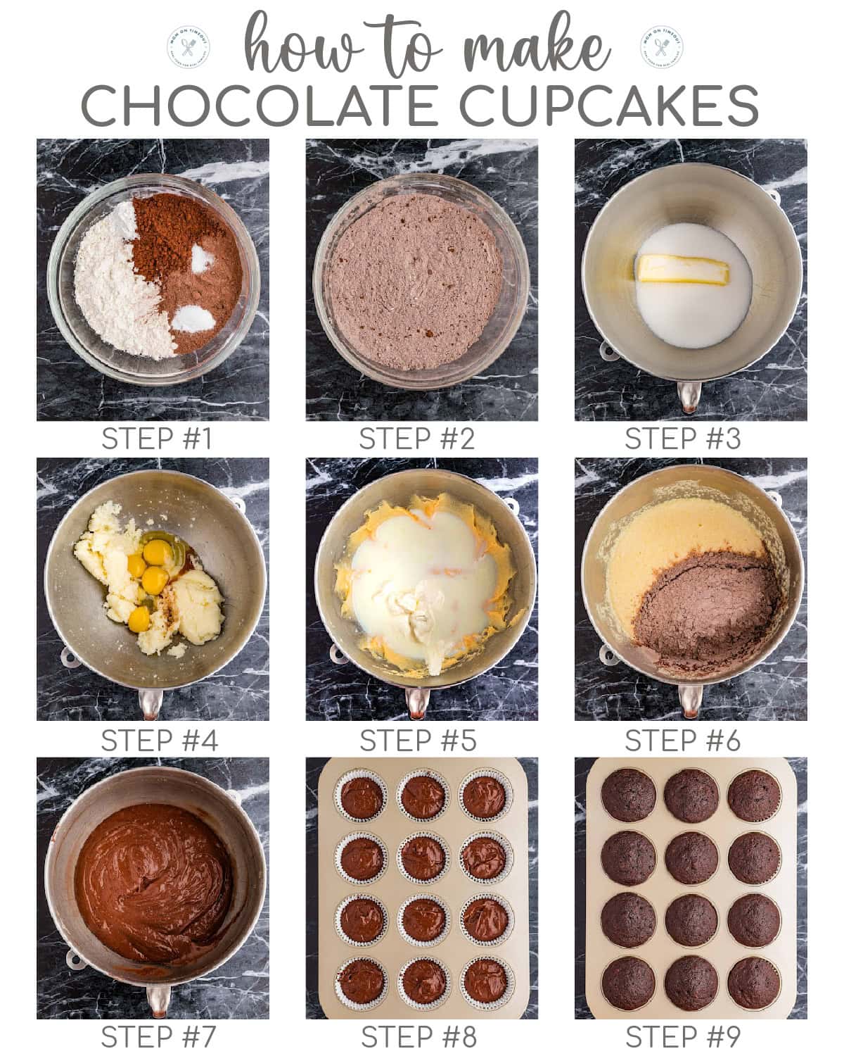 A collage of 9 process photos that shows the steps for making hot chocolate cupcakes.