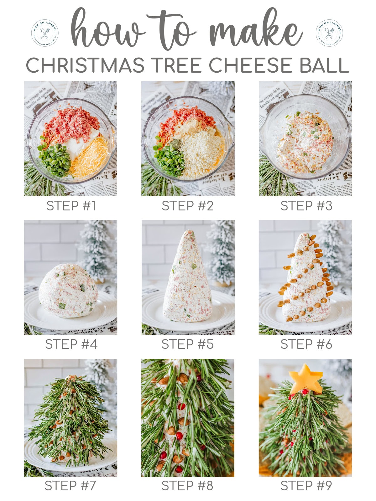 A 9 image collage that shows the steps for making christmas tree cheeseball.