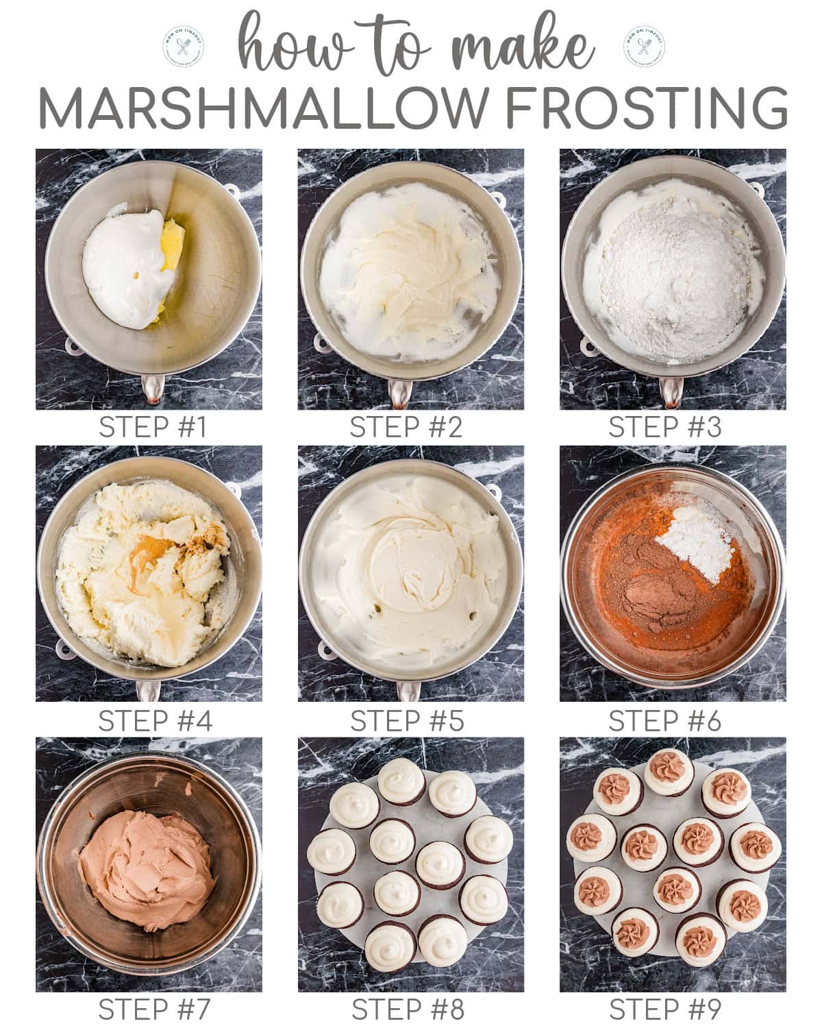 A collage of 9 process photos that shows the steps for making marshmallow frosting and hot cocoa whipped cream for hot chocolate cupcakes.