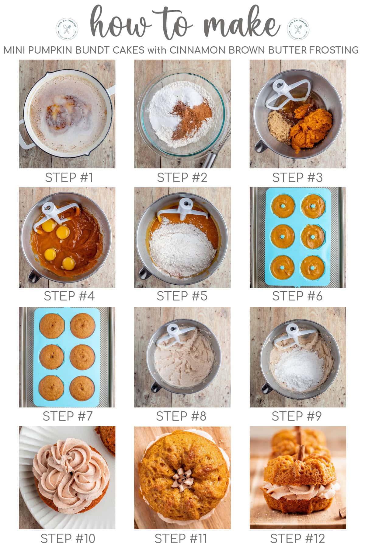 Twelve image collage of step by step process photos showing how to make mini pumpkin bundt cakes with a cinnamon brown butter frosting.