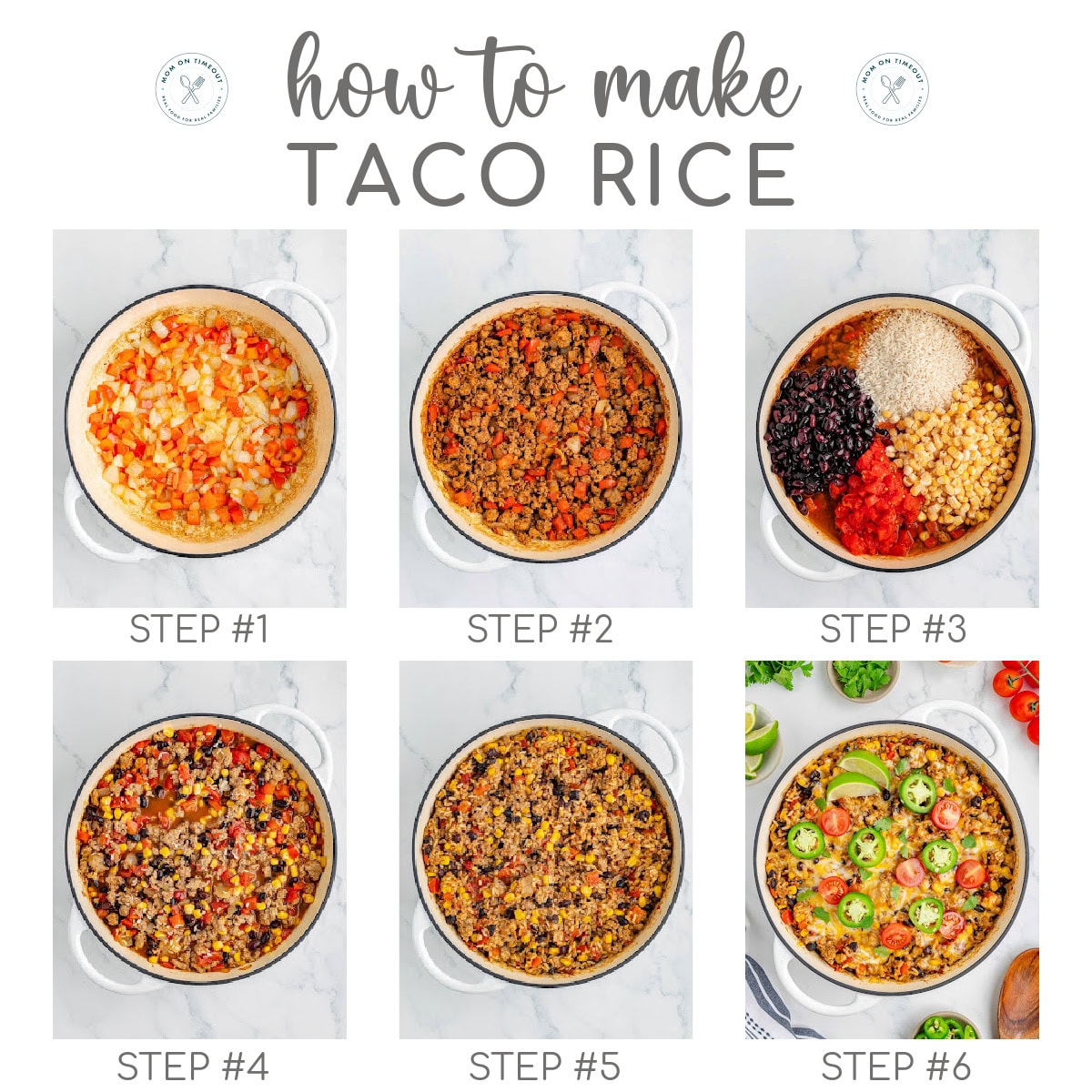 Six image collage showing how to make taco rice with step by step images.