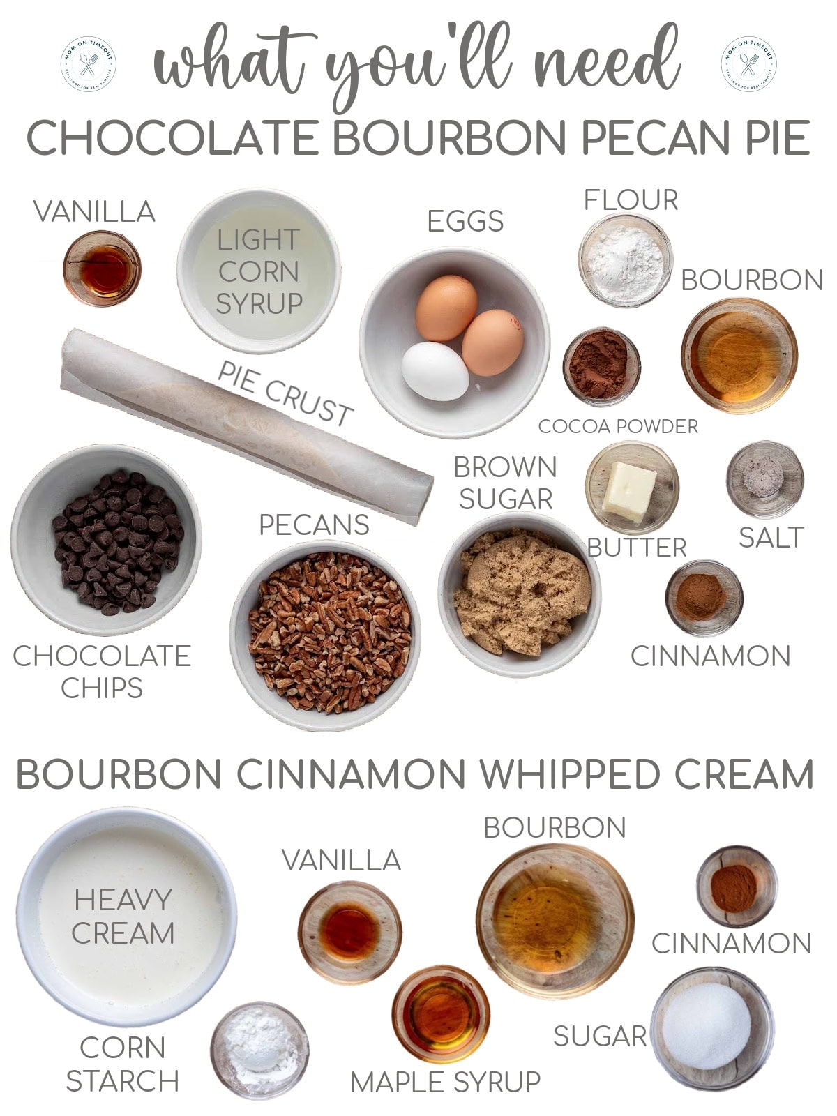 Top down shot of ingredients needed for chocolate bourbon pecan pie and the accompanying bourbon cinnamon whipped cream. All ingredients are measured out and in small bowls ready to be used in the recipe.