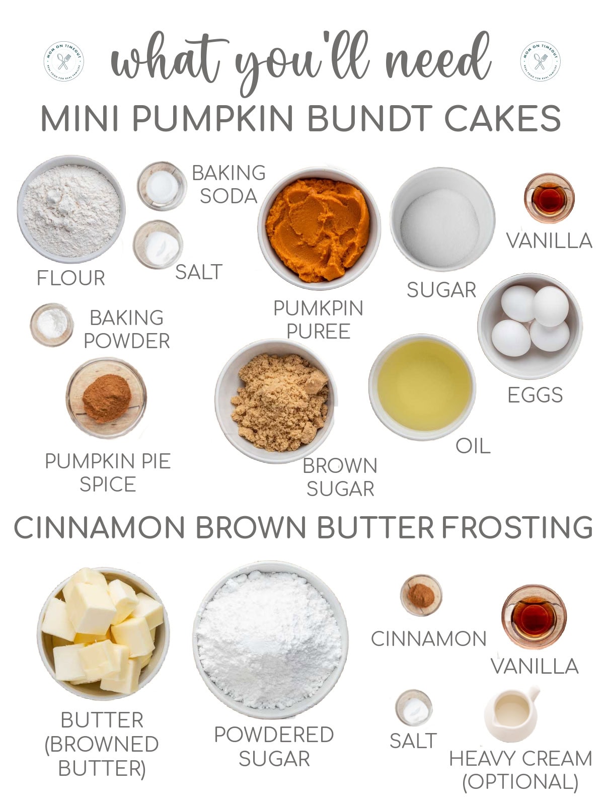 Mini pumpkin bundt cake ingredients measured out into small bowls and labeled.