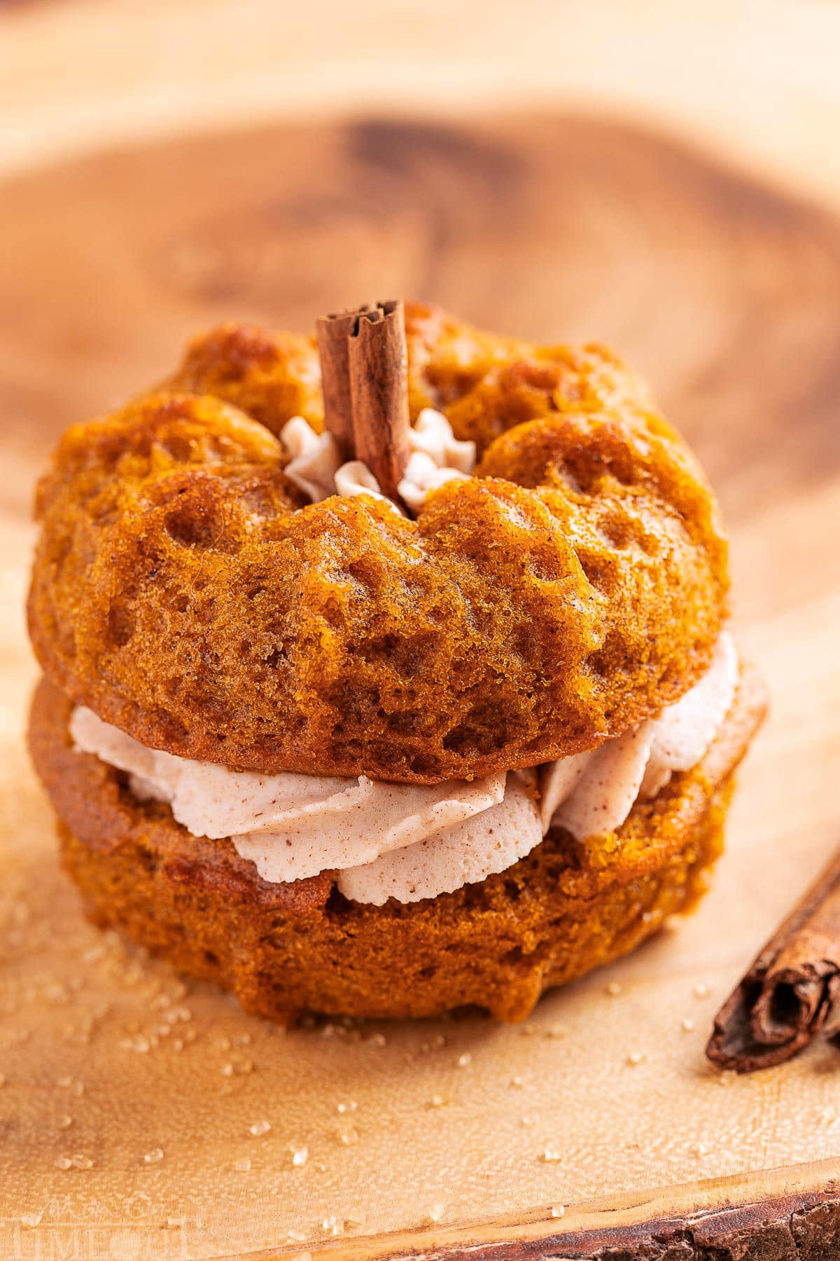 Mini pumpkin bundt cake made with two small bundts and sandwiched with cinnamon brown butter frosting. The stem is a cinnamon stick. The cake is sitting on a wood board.