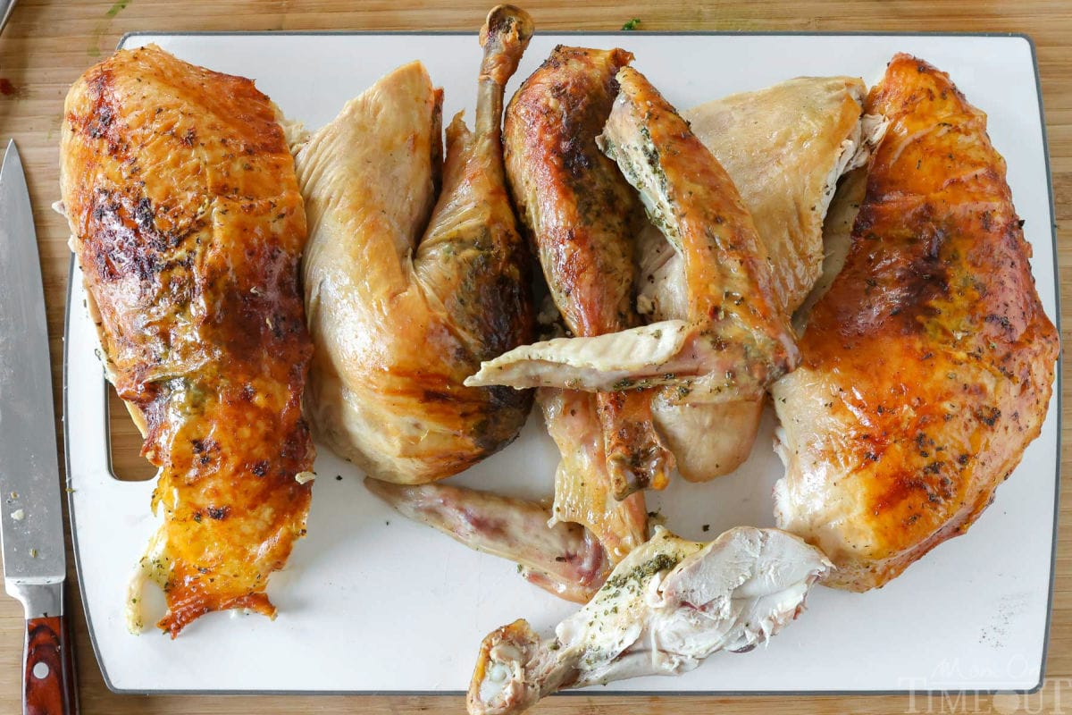 Roast turkey recipe cut into pieces ready to be plated and served.