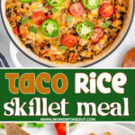 Three image collage of taco rice in a skillet, being scooped out with a wood spoon and in a white bowl. Center color block with text overlay.