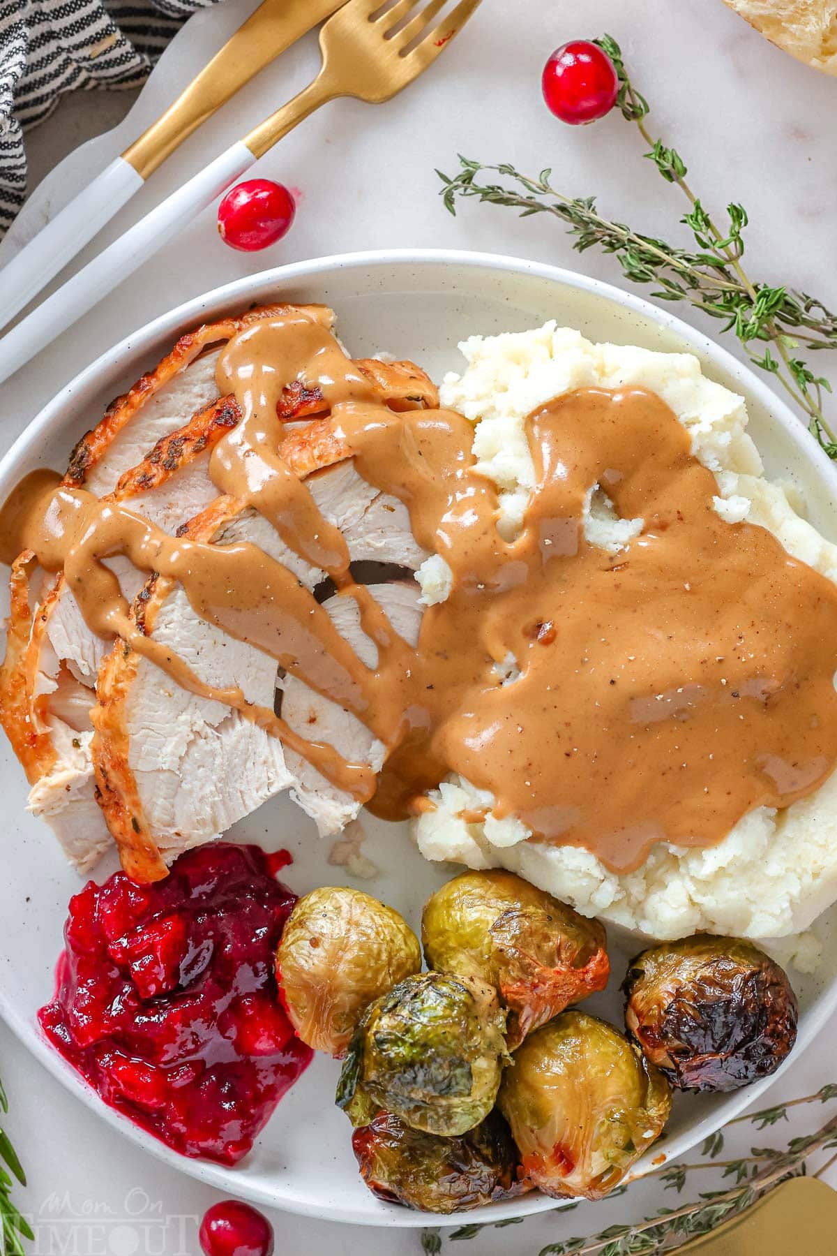 Top down look at thanksgiving turkey plated with various sides and topped with turkey gravy.