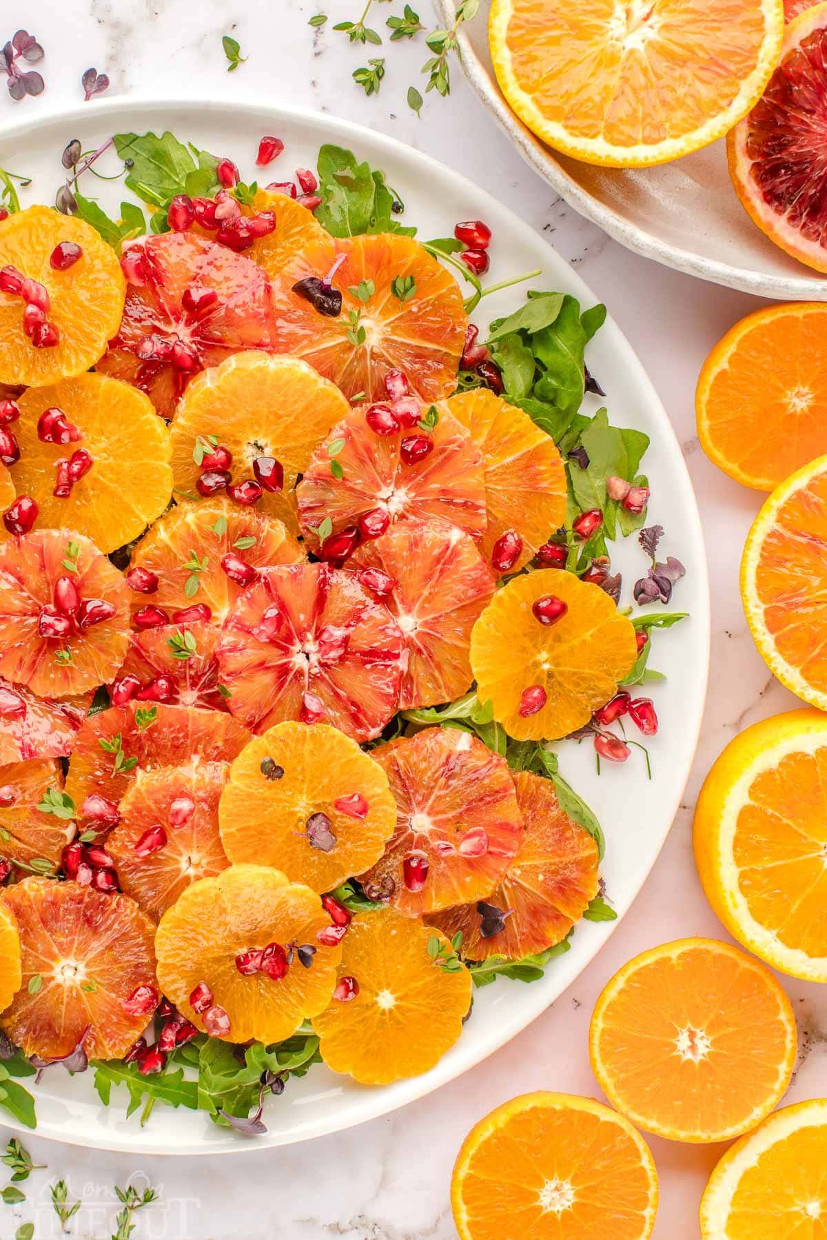 Winter citrus salad elegantly plated on large white platter and topped with thyme and pomegranate seeds. Oranges are cut in half and scattered around the white backdrop.