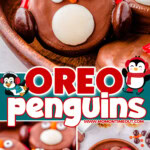 Three image collage of OREO penguins decorated with red candy earmuffs. Center color block with text overlay.