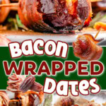 Three image collage showing bacon wrapped dates with toothpicks in them ready to be served. Stuffed dates are shown on a round white plate. Center color block with text overlay.