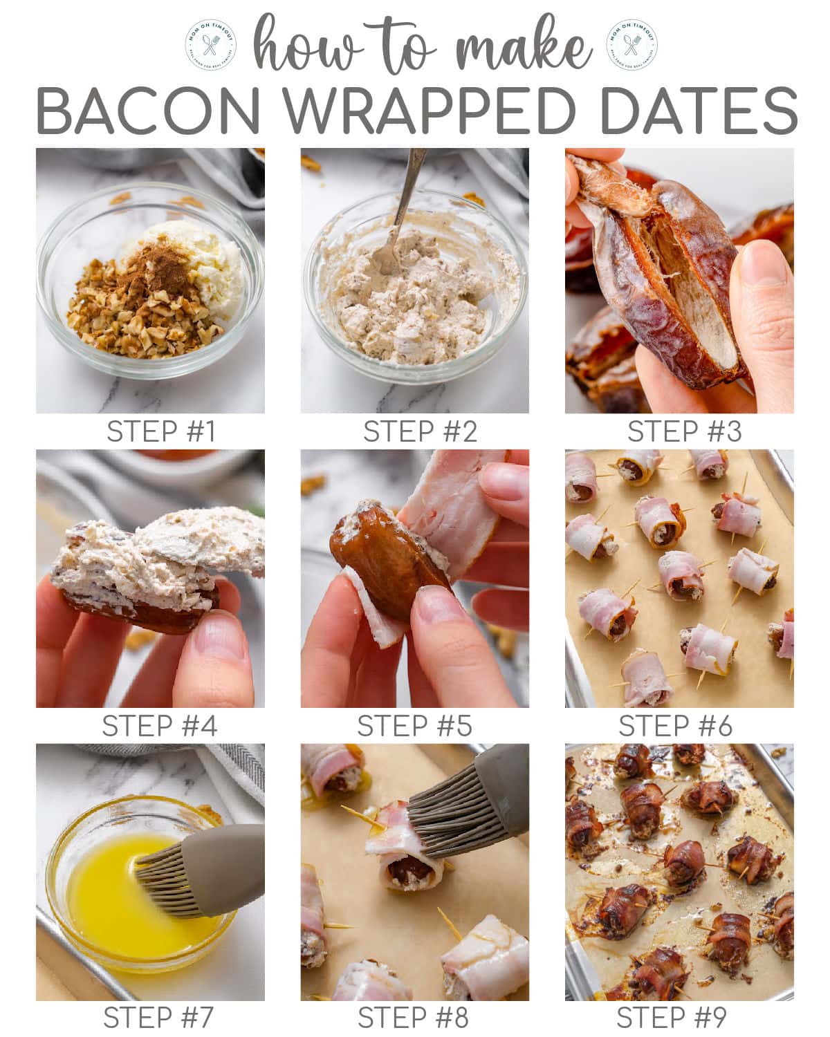 Nine image collage showing how to make bacon wrapped dates.