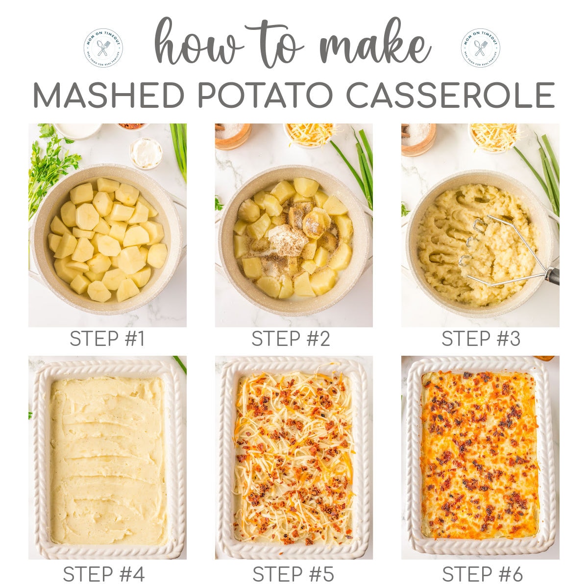 Six image collage showing how to make mashed potato casserole recipe.