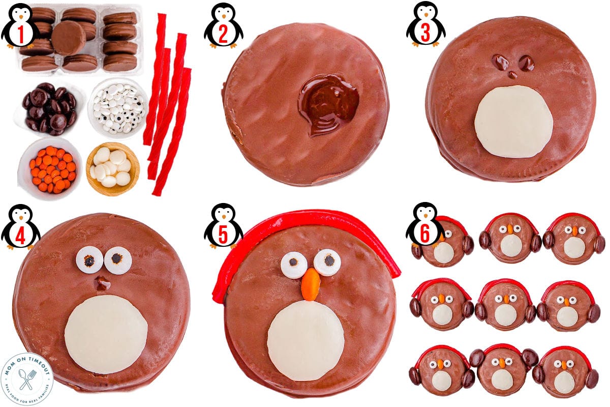 Six image collage showing how to make OREO Penguins step by step.