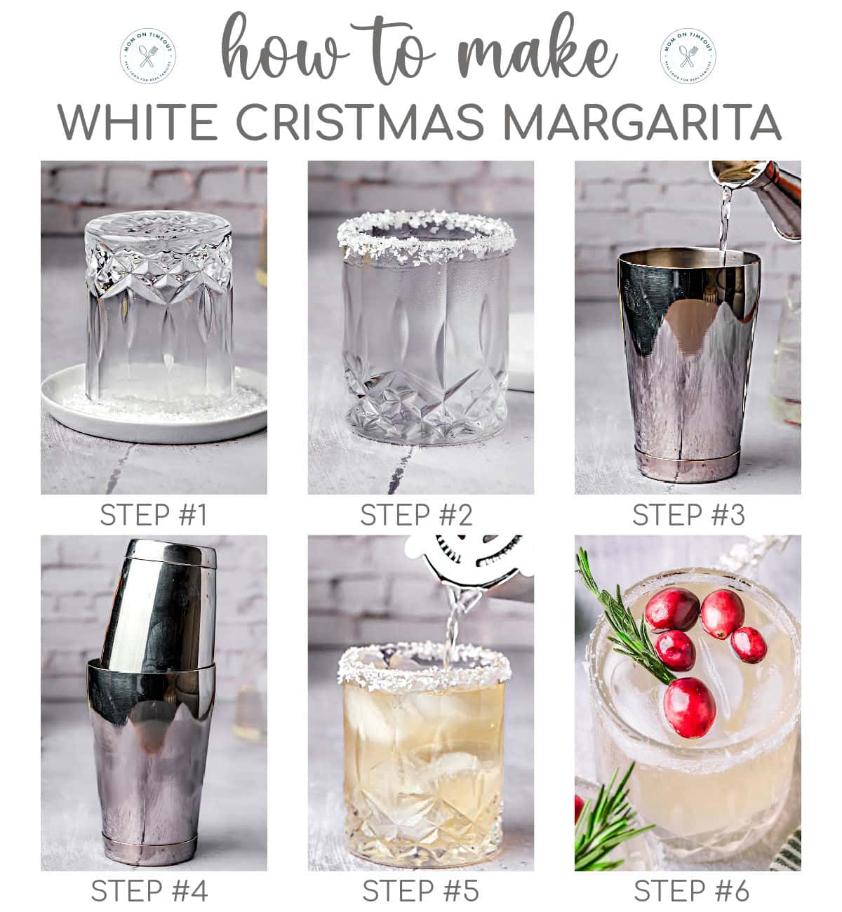 Six image collage showing how to make a white Christmas margarita.