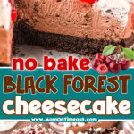 Three image collage of black forest cheesecake. Center color block with text overlay.