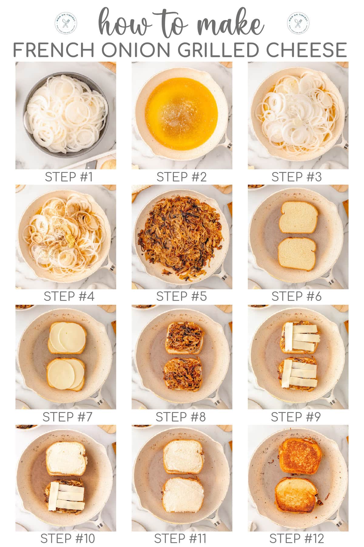 Twelve image collage showing how to make french onion grilled cheese step by step.