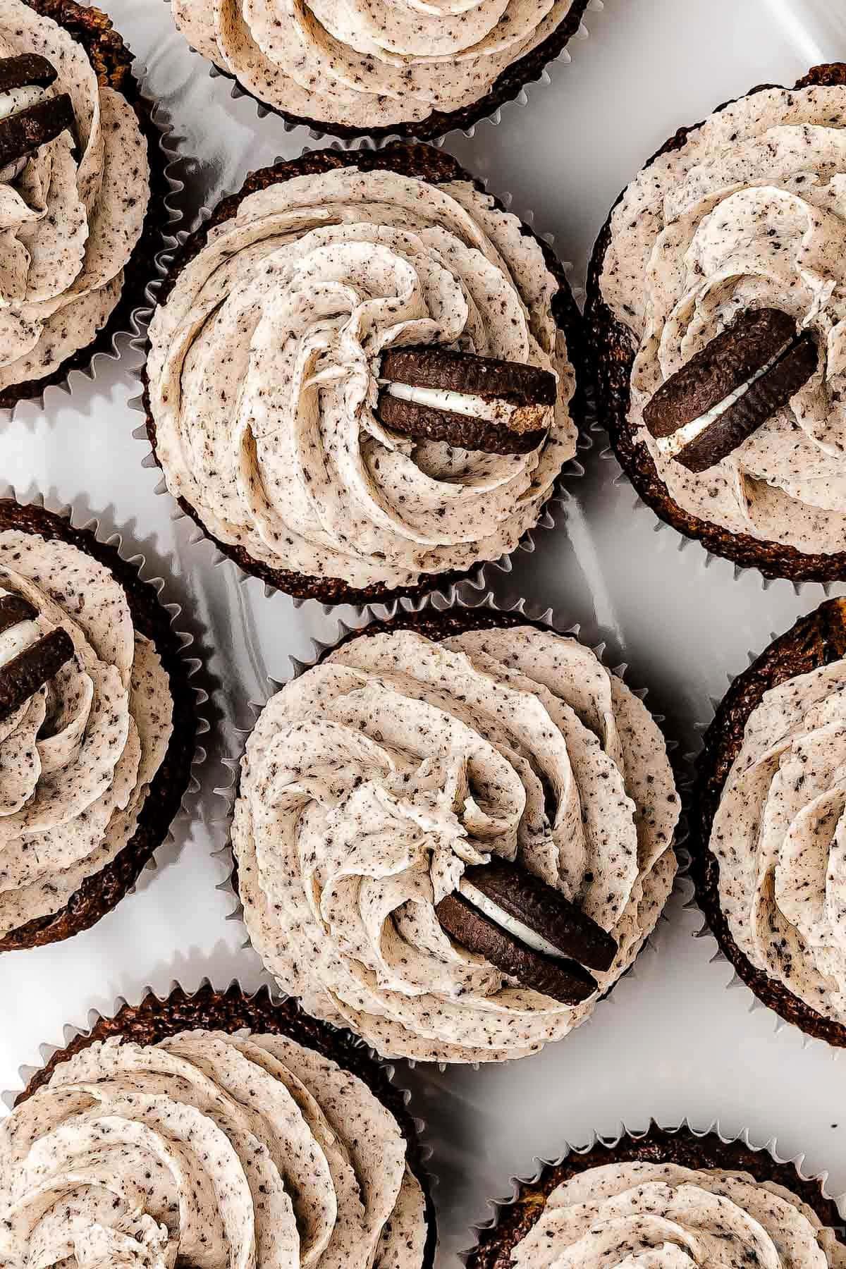 A top down view of Oreo Cupcakes that shows the frosting swirls.