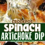 Three image collage showing crockpot spinach artichoke dip. Center color block with text overlay.