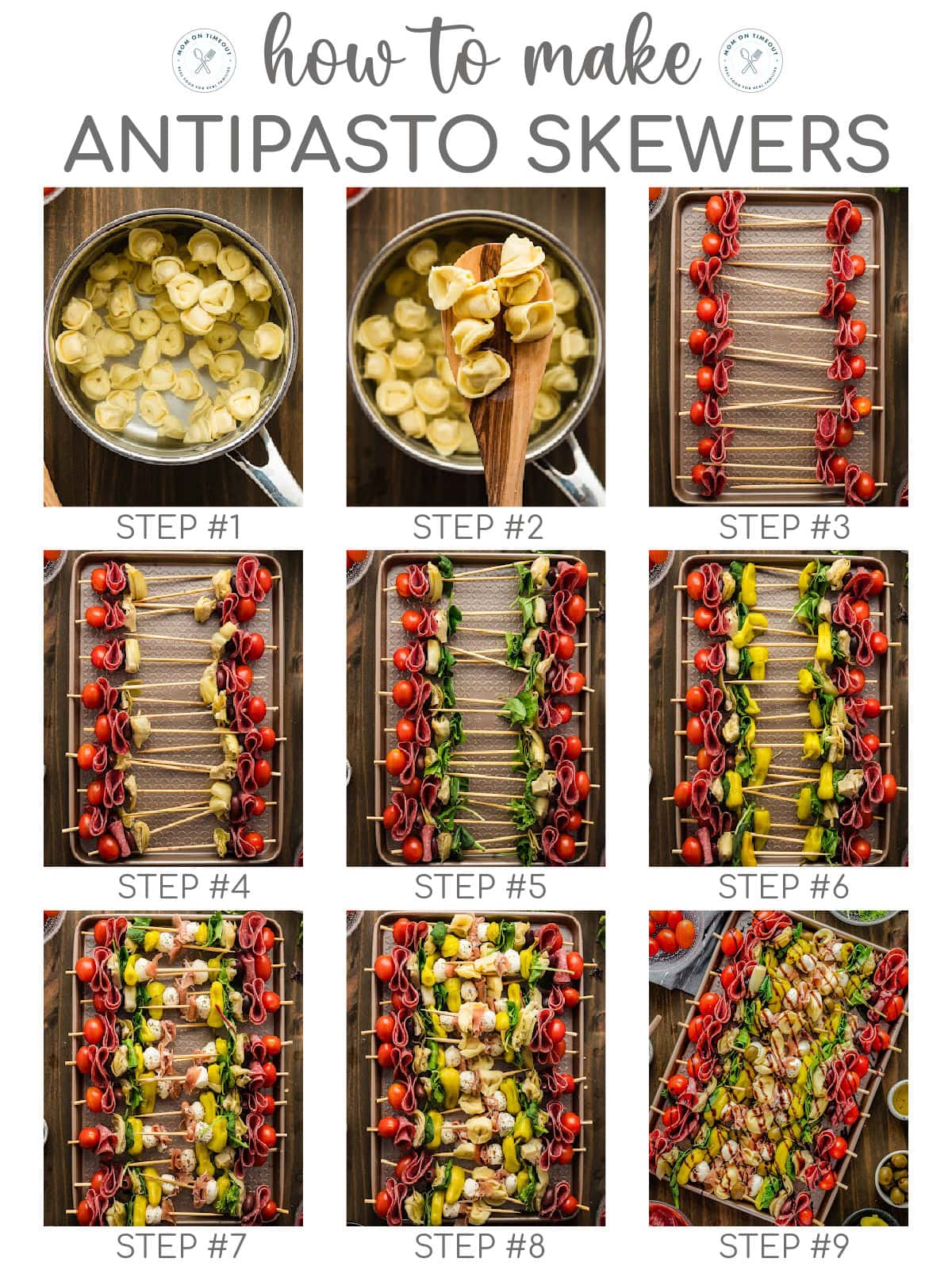 Nine image collage showing how to assemble antipasto skewers.