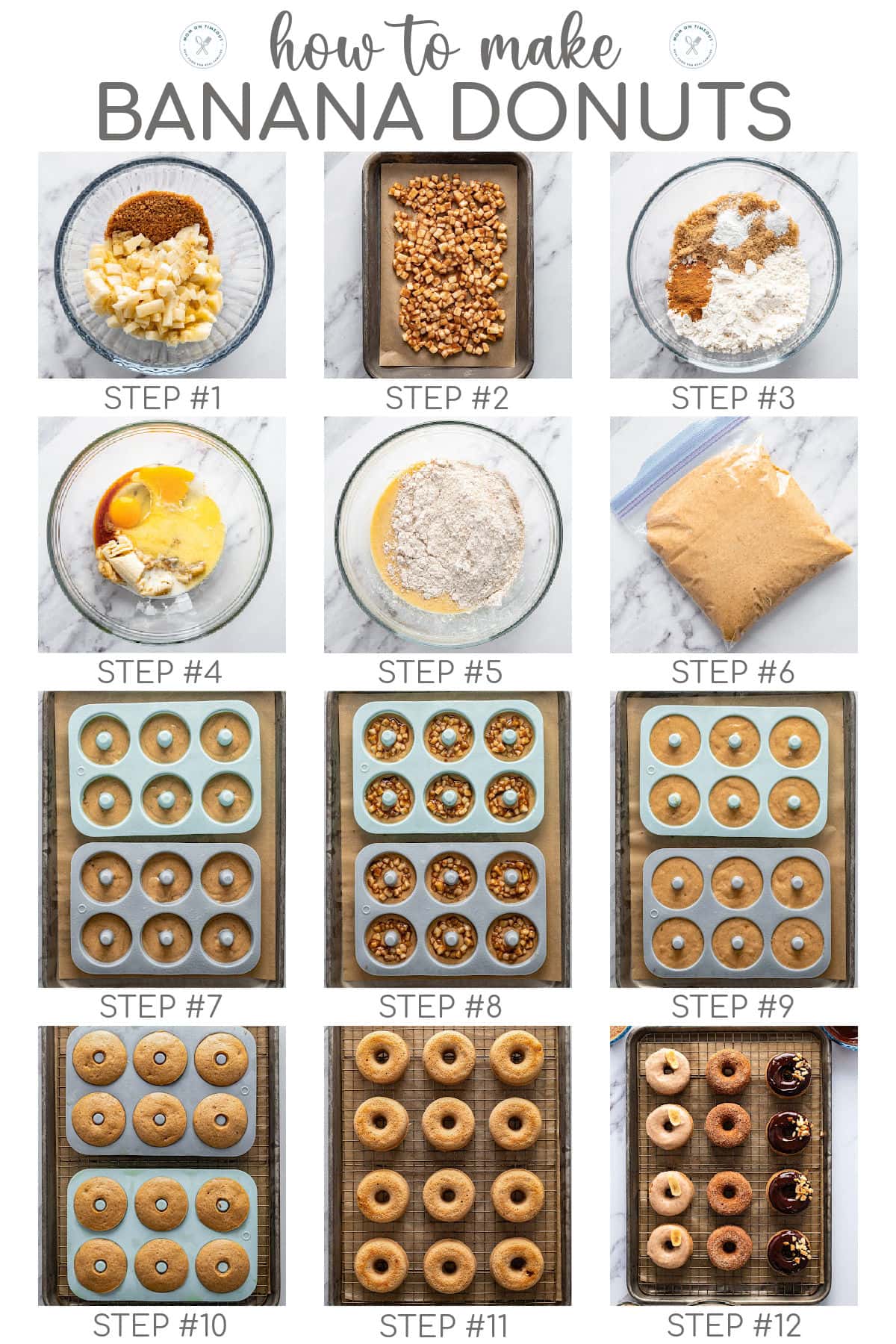 A 12 photo collage that shows photos of the steps for making banana donuts.