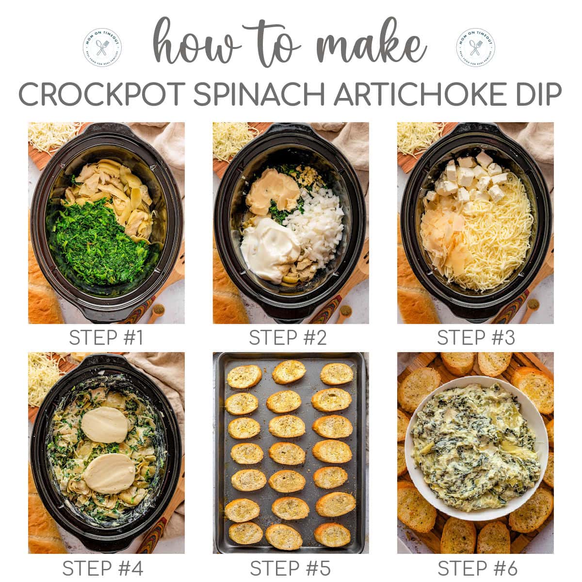 Six image collage showing how to make crockpot spinach artichoke dip step by step.