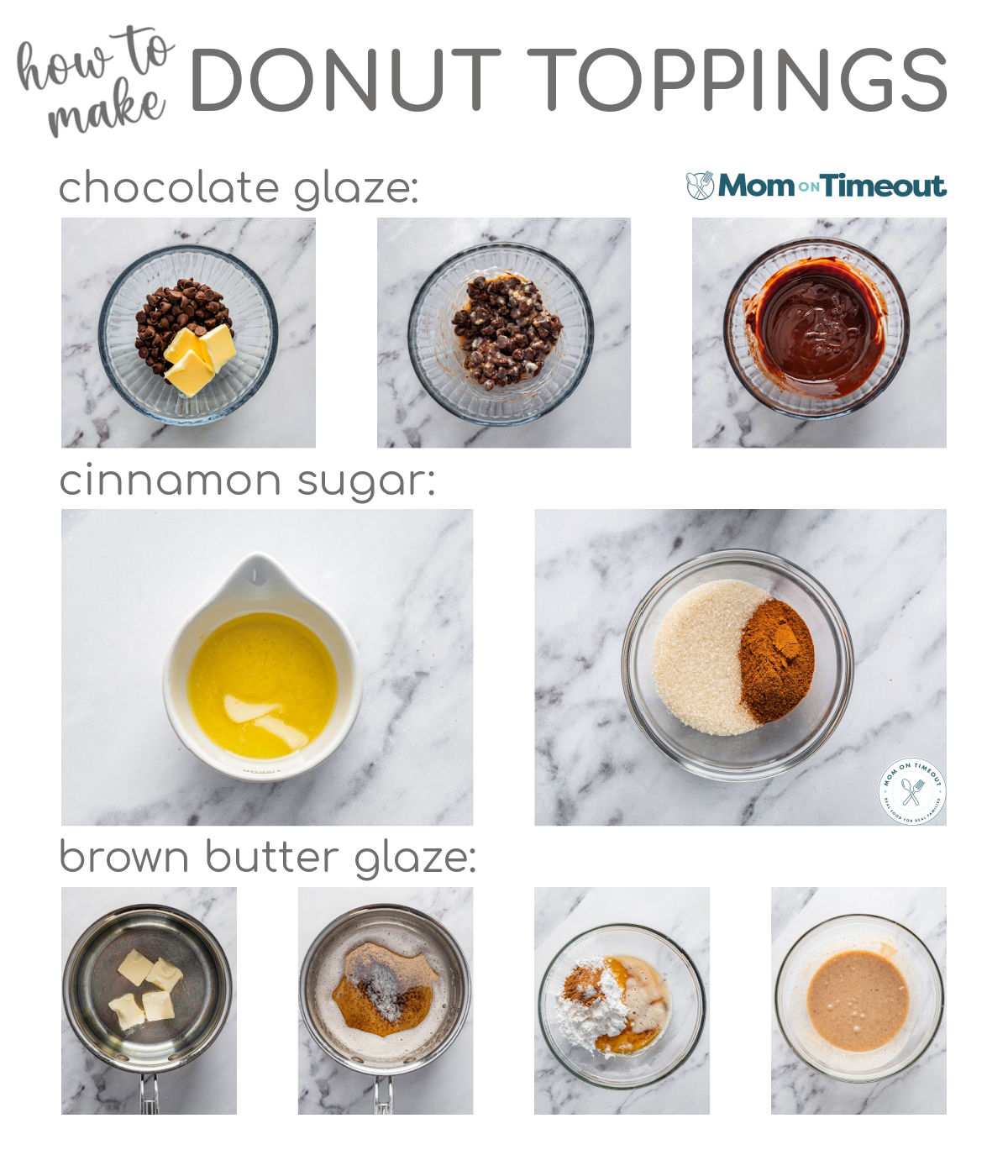 A collage image that shows photos of the steps for making the donut toppings.