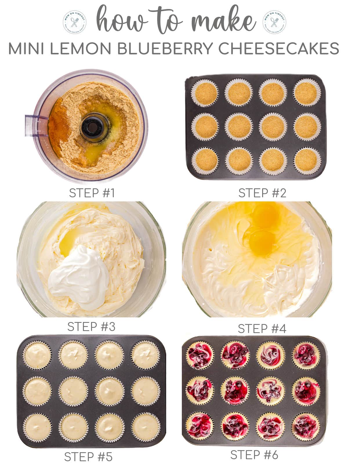 A 6 image collage that shows photos of the steps for making the cheesecakes.