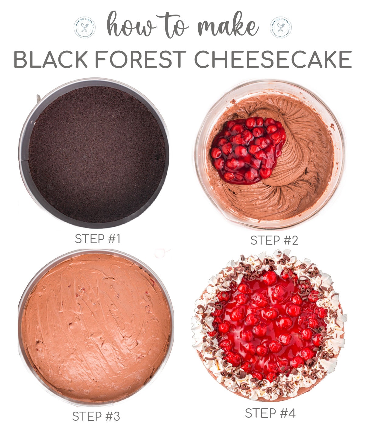 Four image collage showing how to make black forest cheesecake.