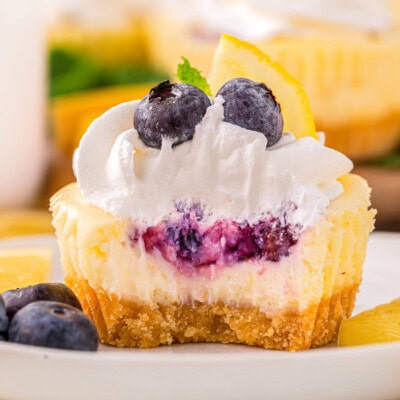 A close up view of a lemon blueberry mini cheesecake with a bite taken out of it. The cheesecake is on a white plate next to garnishes.