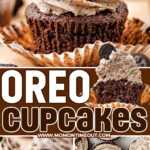 Three image collage of oreo cupcakes frosted with cookies and cream frosting. Center color block with text overlay.