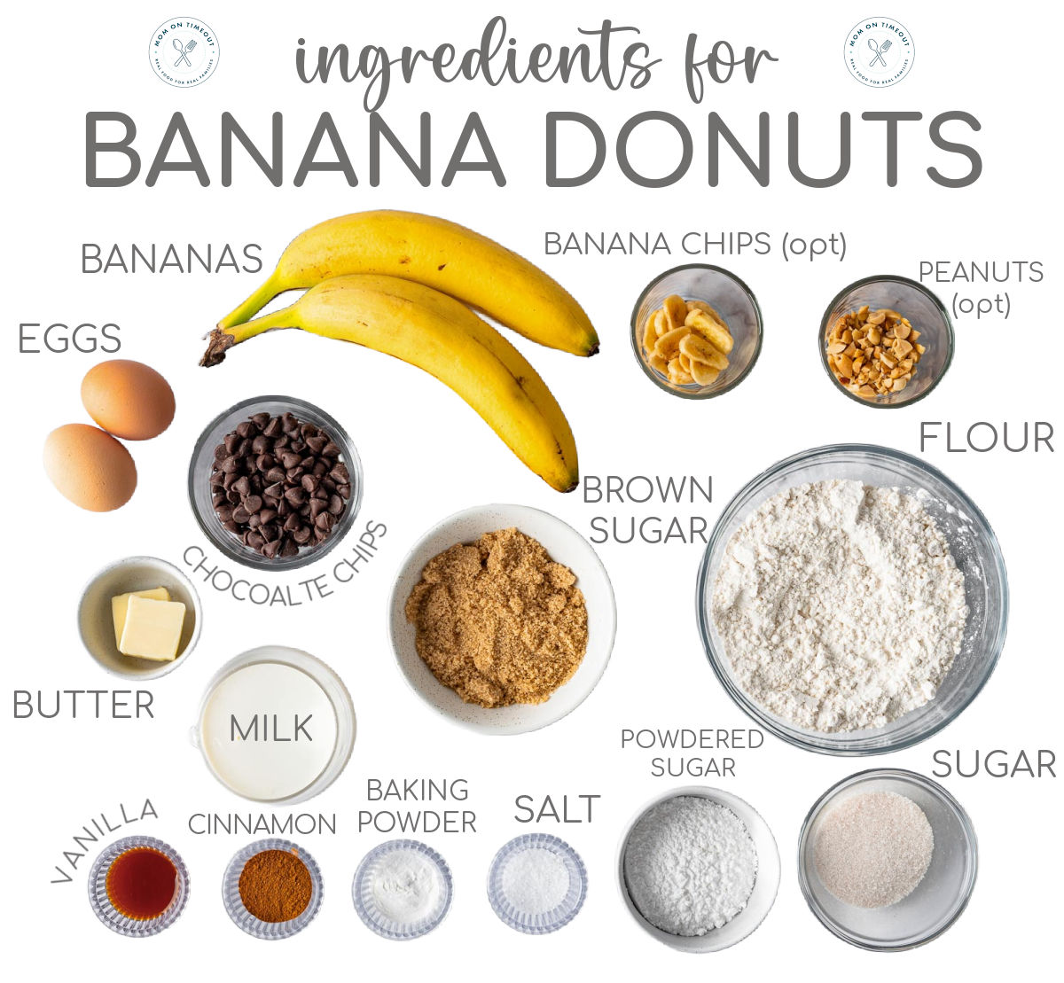 Top down view of all the ingredients for banana donuts measured out and ready to be used. 