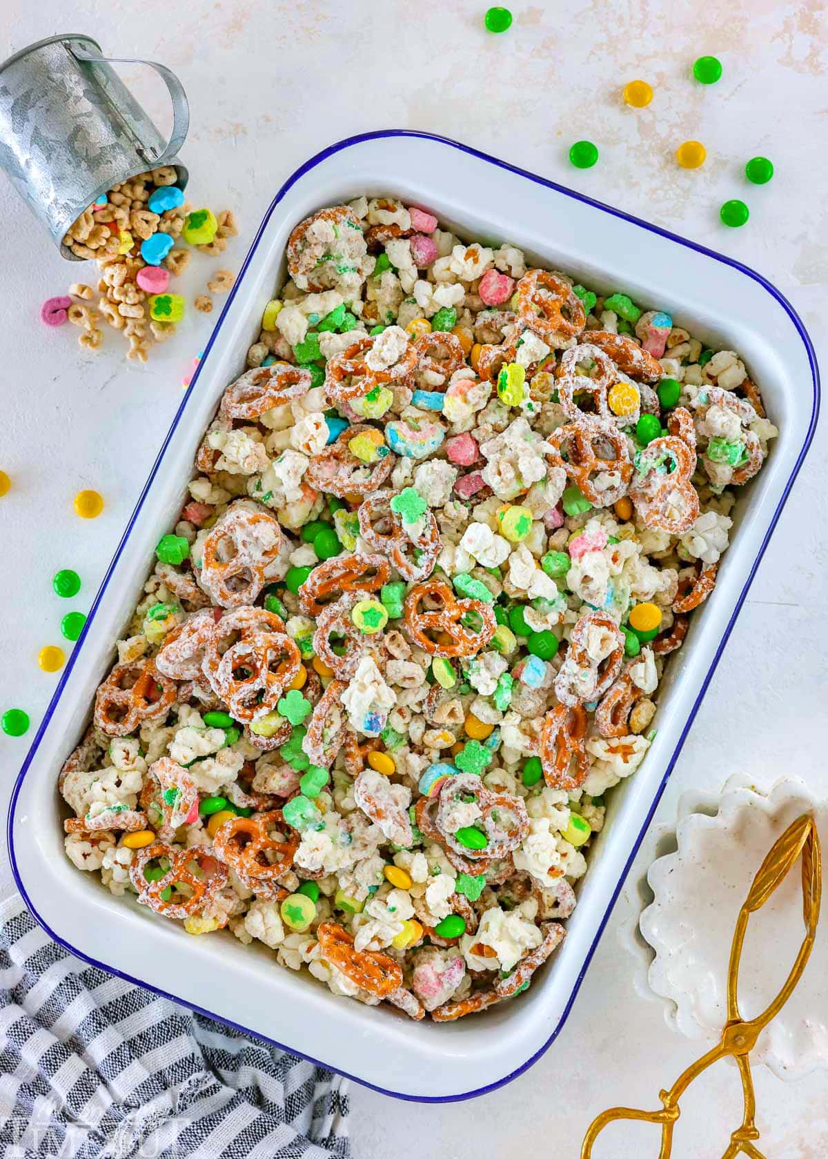 Top down shot of easy Leprechaun Bait recipe in large white enamel casserole dish. 