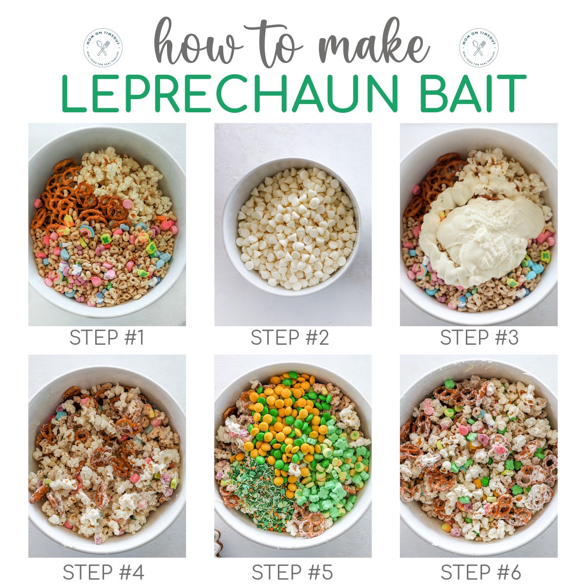 Six image collage showing how to make leprechaun bait. Text overlay at top of image.