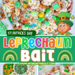 Three image collage of leprechaun bait recipe shown in large bowl and a shot of the ingredients. Center color block with text overlay.