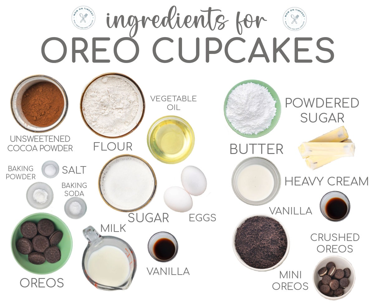 Ingredients for Oreo cupcakes and Oreo frosting measured out into small bowls.